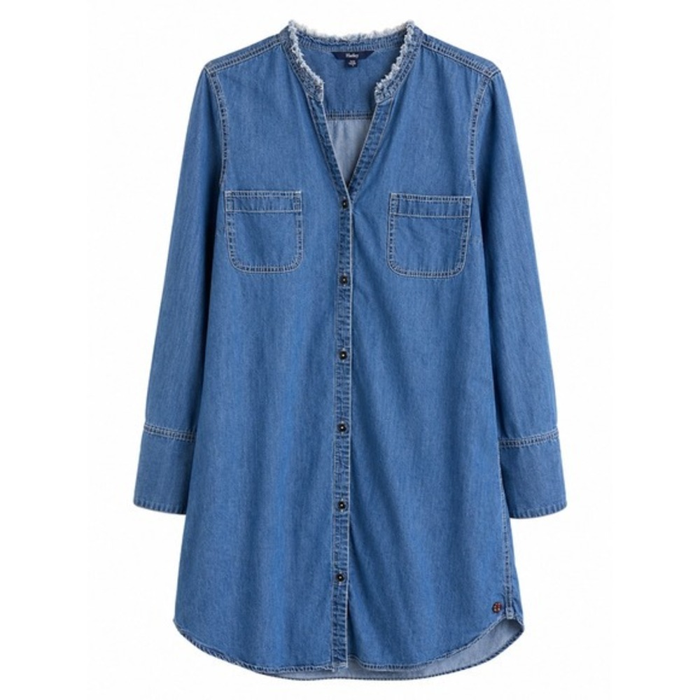 Hatley Chambray Denim Shirt Dress Medium Frayed Western Coastal Casual Button Up